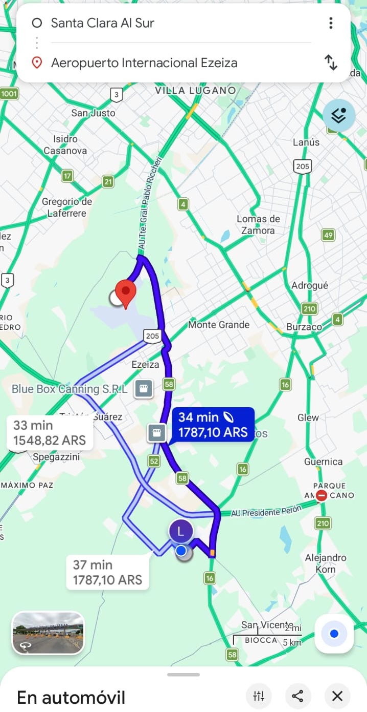 Mapa desde Santa Clara al Sur hasta el Aeropuerto de Ezeiza